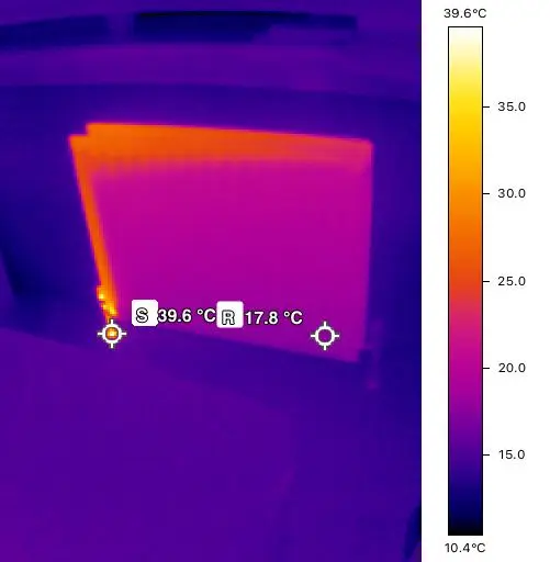 Thermal image of a radiator with a cold section before a power flush